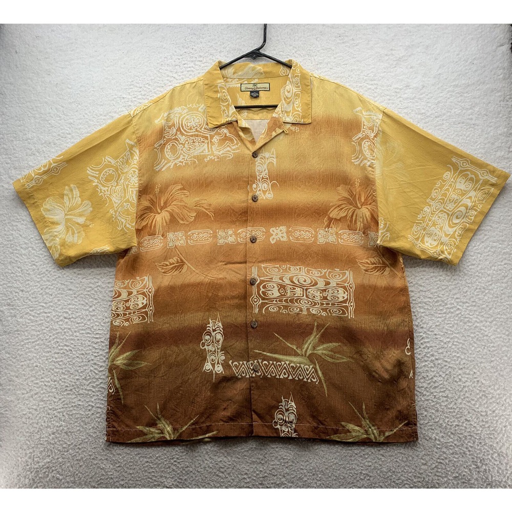 Tommy Bahama Silk Hawaiian Shirt Mens XL X-Large Allover Tiki Floral Ombre Dad
